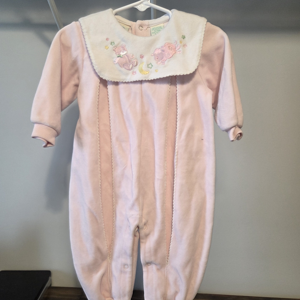 Vintage Pink Baby Footie with Embroidered Collar